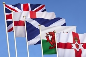 Flags of the United Kingdom of Great Britain - England, Scotland, Wales, Northern Ireland and the Union Flag.